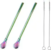 WUMUZAI 2 Pieces Stainless Steel Straw Spoon Filter with 2 Cleaning Brush, Reusable Tea Spoon for Loose Tea, Yerba Mate Straw, Metal Drinking Straws, Coffee Stirrers for Drinks Beverage (Colorful)