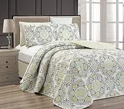 Mk Collection 3pc King Oversize Reversible Quilted Bedspread Set Floral Yellow White Gray Light Green New