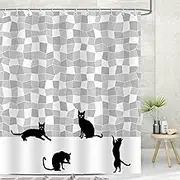 Emwnodti Cute Cat Shower Curtain, Funny Black Cat White Mosaic Bathroom Accessory Set, Black Fun Silhouette Cat Shower Curtain Polyester Fabric Waterproof Durable, 12 Hooks 72x72 inch
