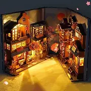 3D Wooden Puzzle Bookend DIY Book Nook Kit with LED Light Shelf Insert Alley Miniature Dollhouse Model Building Set Craft for Birthday Gifts Home Desk Decoration