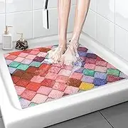ZOESOE Shower Mat Non-Slip, 24x 24 Inch Square, Soft Comfort Bath Mats with Drainage Holes, PVC Loofah Massage Floor for Shower, Bathroom, Wet Areas, Quick Drying Colorful Rhombus