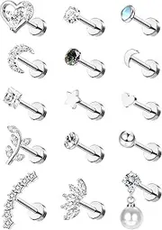 [Sanfenly] 16G Cartilage Stud Earrings for Women Stainless Steel Small Opal Star Pearl Flat Back Tragus Earring Studs Silver, CZ Flower Labret Studs Lip Bar Lobe Nose Ear Piercing Jewellery 15Pcs