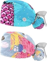 [WOSHJIUK] Working Hat 2 Pack Scrub Caps for Women,Pink Fruit Pineapple,Tie Back Cap Adjustable Scrub Hat