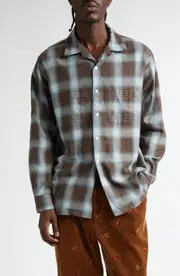 BEAMS Open Collar Ombré Plaid Button-Up Shirt in Brown at Nordstrom, Size Medium