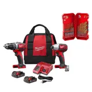 Milwaukee 18V 2-Tool Cordless Drill Driver+Impact Driver W/ 23-Pcs Drill Bit Set