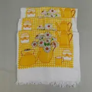Set 3 Vintage MCM Kitchy Daisy Teapot Check Fringe Cotton Kitchen Towels #3837