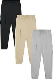[EXARUS] 3 Pack Boys Cargo Joggers Pants Lightweight Drawstring Elastic Waist Quick Dry Athletic Hiking Pants 6-14Y
