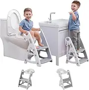 Potty Training Seat with Step Stool - Adjustable Height, Non-Slip, Splash-Proof, Foldable 2-in-1 Toddler Potty Seat with Armrests and Replaceable Cushion - Fits Most Toilets (Grey)