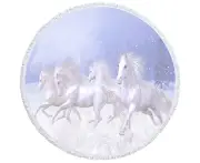 Beautiful Running White Horses the Snow Horses Round Beach Towel