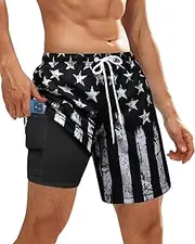 [OlyPegic] Men's Swim Trunks with Compression Liner Board Beach Shorts Quick Dry Swim Shorts Bathing Suits with Zipper Pock