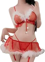 [JasmyGirls] Sexy Santa Lingerie for Women Mrs Claus Costume Christmas Outfits Red Bra and Panty Sets Holiday Mini Skirt Underwear, Red, X-Small - Medium