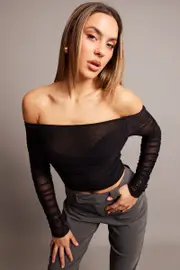 Black Off Shoulder Top Long Sleeve Mesh - Size S, Women's Top