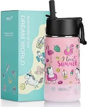 [Mollcity] 350ML Water Bottle with Straw Stainless Steel Double Wall Vacuum Insulated Water Bottle for Girls, Reusable Metal Water Flask BPA Free -Unicorn