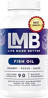 Omega 3 Fish Oil 3,000mg - Triple Strength Burp – Less DHA 900mg + EPA 1200mg Non-GMO – LMB (120 Soft Gels) Supports Brain & Heart Health