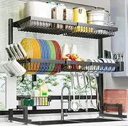 ADBIU Over The Sink Dish Drying Rack (Expandable Height and Length) Snap-On Design 2 Tier Large Dish Rack Stainless Steel (31-39.5L x 12W x 34-38H (inches))