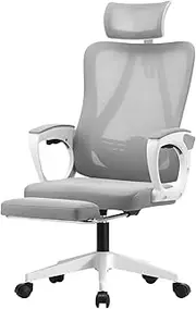 OIKITURE Office Chair Adjustable Seat Height & Footrest, Swivel Computer Desk Chair Adjustable Lumbar Support & Headrest, Breathable Mesh Ergonomic Arched Backrest, Capacity 120KG, White