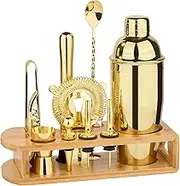 Wukuna Cocktail Shaker Set Bartender Kit : 12-Piece Bar Tool Set with Bamboo Stand | Bar Set with All Practical Bar Accessories, for Drink Mixing, Bar, Home, Lounge & Party (Gold)