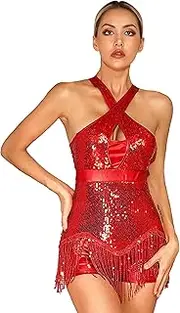 [Sxiwei] Women's Sequins Tassel Latin Dance Leotard Jazz Fringed Bodysuit Dancewear Cha-Cha Ballroom Costumes