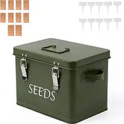 Seed Storage Box Garden Seed Packet Storage Organizer Seed Box with dividers, Comes with 10 Seed envelopes, 10 Plant Labels, Dark Green