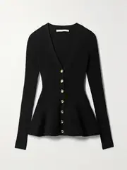 [JASON WU COLLECTION] JASON WU COLLECTION - Ribbed-knit Peplum Cardigan - Black - medium medium Black