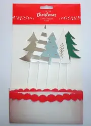 PACK OF 5 CHRISTMAS TREE PICKS TOPPERS PARTY CAKE DECORATION SILVER GREEN TREE'S