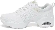 [SECHRITE] Womens Jazz Dance Sneakers Lace Up Split Sole Zumba Shoes, White-padded, 9 Women/8 Men