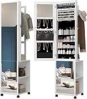 Hzuaneri 8 LEDs Jewelry Cabinet Armoire, 64.8-inch Jewelry Organizer with Garment Rack, Lockable Full-length Mirror with 4 Wheels, Storage Shelves with Hooks, 5-in-1, White and Black JC17003B