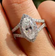 Marquise Halo Moissanite Ring Split Band Engagement Ring 925 Sterling Silver