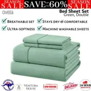 Ovela 150GSM Cotton Flannelette Bed Sheet Set Green Double Size Pillowcase Cover