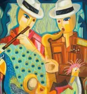 Art Cuban Musicians + Fedoras Playing Surreal Foliage Peacock Canvas SFASTUDIO