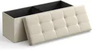 Foldable Storage Ottoman Bench with Linen-Look Fabric and Footrest - Beige