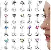 [Thunaraz] 20Pcs Hypoallergenic 316L Surgical Steel Nose Studs L-shape/Flat Back Body Piercing Jewelry for Women Men Threadless Nose Ring with Taper Insertion Pin 18G/20G Silver