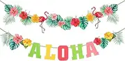 Hawaii Tropical Bunting Banner Large Hawaiian ALOHA Party Decorations Banner Beach Theme Backdrop with Flamingo Artificial Palm Leaves Flower Garland Pattern for Summer Pool Luau Party Supplies