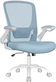 [SONGMICS] Office Desk Chair Mesh Swivel Chair Ergonomic Padded Lumbar Support Rocker Function 53cm Seat Folding Armrests Mist Blue OBN037Q01