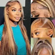 Katonyo Ombre Lace Front Human Hair Wig 22" Honey Blonde Straight 13X4 Pre Plucked 180% Density 4/27 Color Natural Hairline
