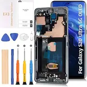 S20 Ultra 4G/5G G988 OLED LCD Display with Fingerprint +Cosmic Black Frame 6.78" Touch Digitizer Assembly for Samsung Galaxy S20 Ultra SM-G988B/U/W/B/DS LCD Screen Display Replacement Kit