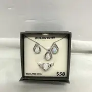 Simulated Opal & CZ Sterling Silver Necklace Pendant, Earrings and Ring Set Sz 7