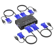 VGA KVM Switch 4 Port USB VGA KVM Switch w/4 KVM Cables & 3 USB Hubs for 4 Co...