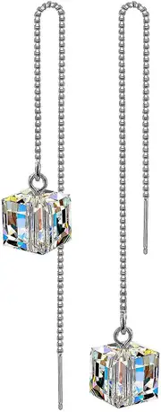 925 Silver Crystals Long Tassel Threader Dangle Drop Earrings(white)