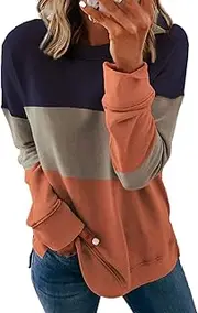 Womens Crewneck Sweatshirts Color Block Striped Printed Pullover Casual Loose Side Split Blouses Long Sleeve Shirts