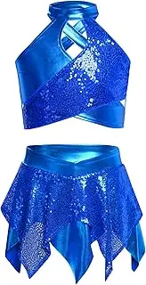 [TiaoBug] Kids Girls Sequin Metallic Hip Hop Jazz Dance Outfit Shiny Crop Top and Asymmetrical Skirt for Party