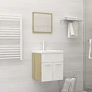 Bathroom Furniture Set White and Sonoma Oak Engineered Wood,Bathroom Furniture Set with Sink and Mirror Modern Bathroom Vanity, White and Sonoma Oak Bathroom Furniture