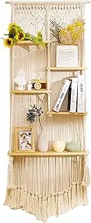 Large Macrame Wall Hanging Shelf (63 in. H x 24 in. W)-5 Tier Staggered Macrame -Boho Home Decor-Tall Ladder Floating Shelves Handwoven Rope/ Plant Shelf Display Rack Wall Organizer