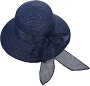 [DEARMAMY] Beach Straw Sun Hat Wide Brim Women's Bowknot for Sun Protection Stylish Straw Woven Hat for Summer