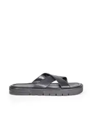 Black Leather Cross Strap Slides