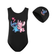 Nmaov Lilo & Stitch Kids Girls One Piece Swimsuit Swimwear Bathing Suit with Swim Cap Black 13-14Years
