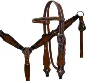 Two Tone Floral Tooled Headstall & Breast Collar & Reins NEW