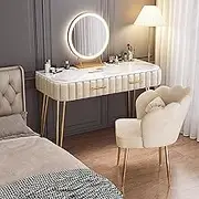 Stylish and Modern Solid Wood Makeup Vanity Desk with Marble Top HD Mirror Chair and 2 Sliding Drawers Removable Elegant Design(Beige,100cm)
