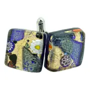 Murano Glass Cufflinks Gold Light Blue Multi Millefiori Pair Square