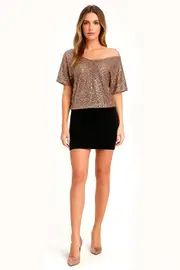 Off Shoulder Sequined Party Top in Brown
